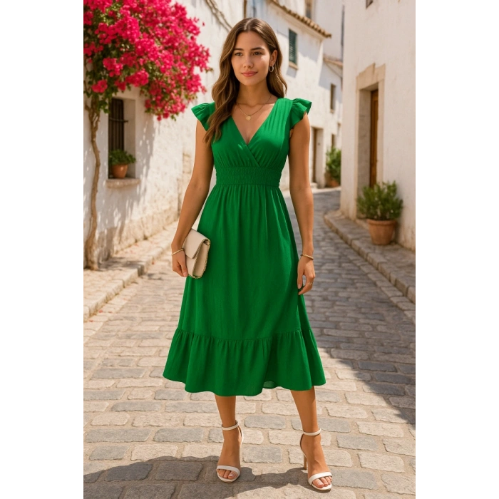 MARSiLYAN- Kadın Kısa Kollu Kruvaze Yakalı Beli Lastikli Müslim Elbise