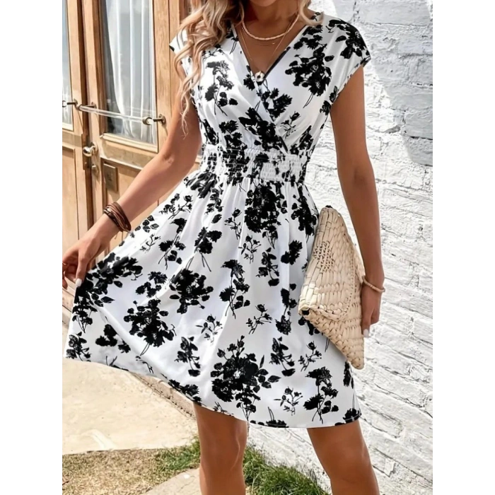 MARSiLYAN- Kadın Kısa Kollu Kruvaze Yakalı çiçekli Desenli Süprem Elbise