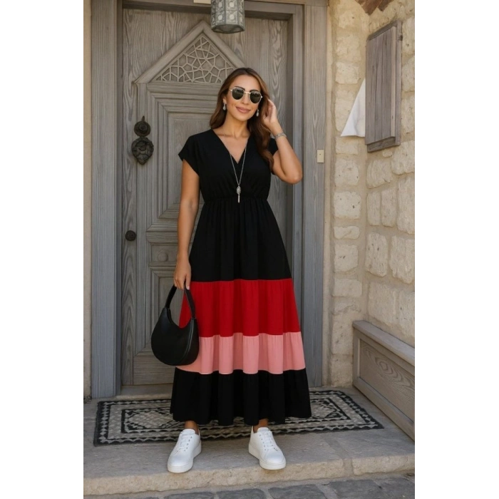 MARSiLYAN- Kadın Kısa Kollu Kruvaze Yakalı çok Renkli Aerobin Elbise