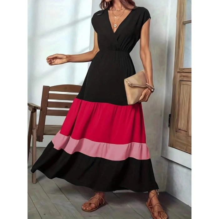 MARSiLYAN- Kadın Kısa Kollu Kruvaze Yakalı çok Renkli Aerobin Elbise