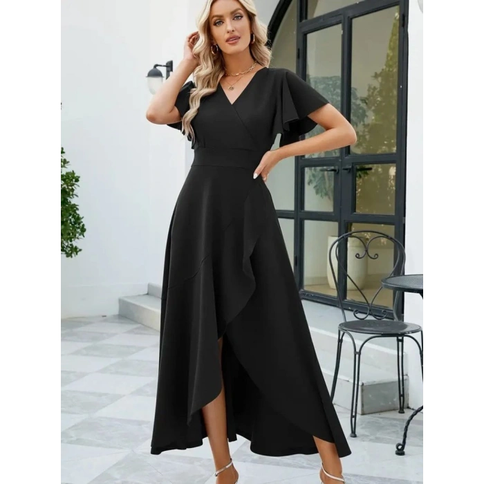 MARSiLYAN- Kadın Kısa Kollu Kruvaze Yakalı önden Volanlı çapraz Kesim Detaylı Maksi Boy Ithal Krep Elbise