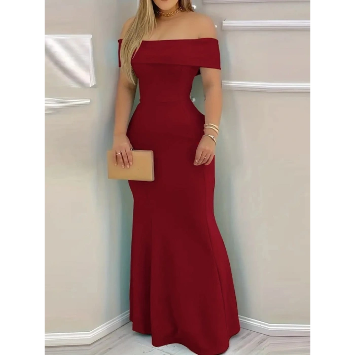 MARSiLYAN- Kadın Kısa Kollu Madonna Yaka Belden Oturtmalı Uzun Ithal Krep Elbise