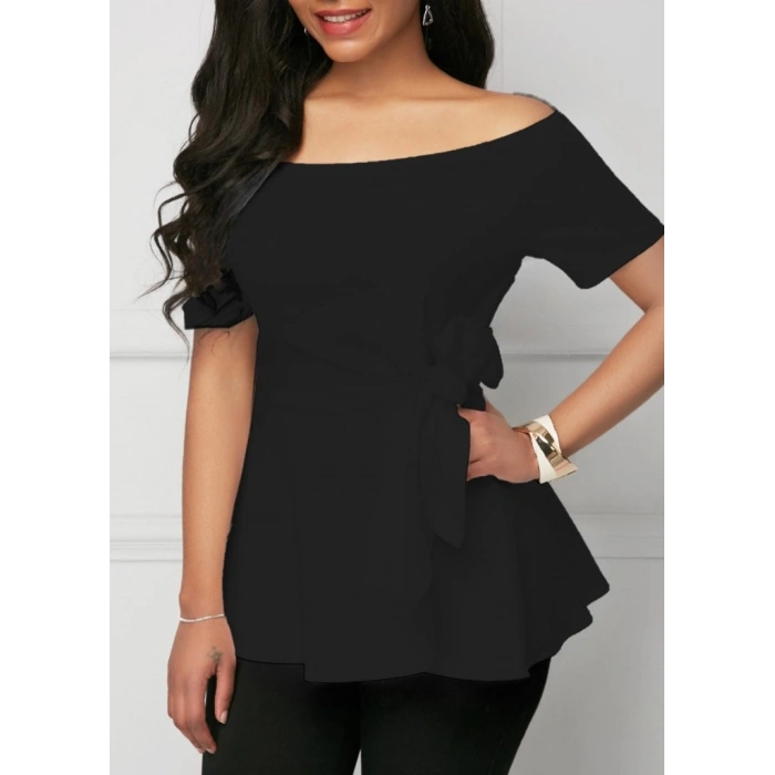 MARSiLYAN- Kadın Kısa Kollu Madonna Yaka Yandan Bağlamalı Ithal Krep Bluz