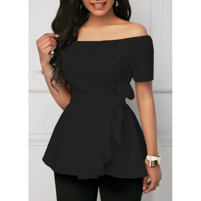 MARSiLYAN- Kadın Kısa Kollu Madonna Yaka Yandan Bağlamalı Ithal Krep Bluz