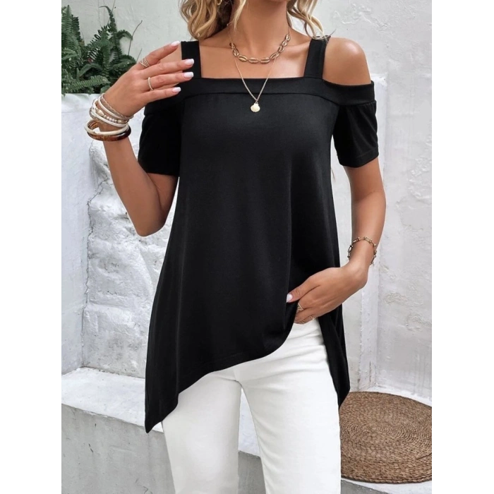 MARSiLYAN- Kadın Kısa Kollu Omuzlardan Açık Askılı Asimetrik Kesim Viskon Bluz
