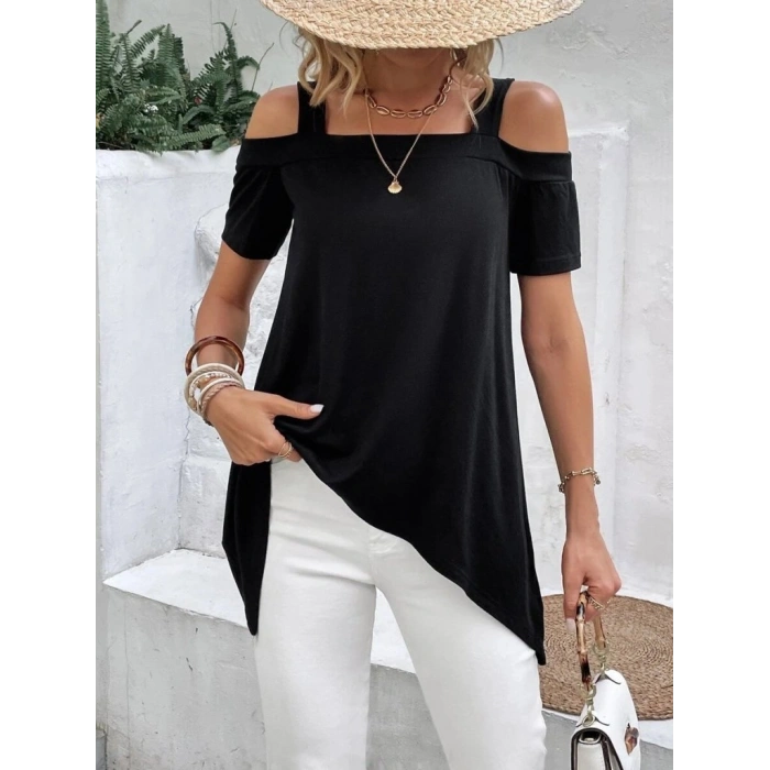 MARSiLYAN- Kadın Kısa Kollu Omuzlardan Açık Askılı Asimetrik Kesim Viskon Bluz