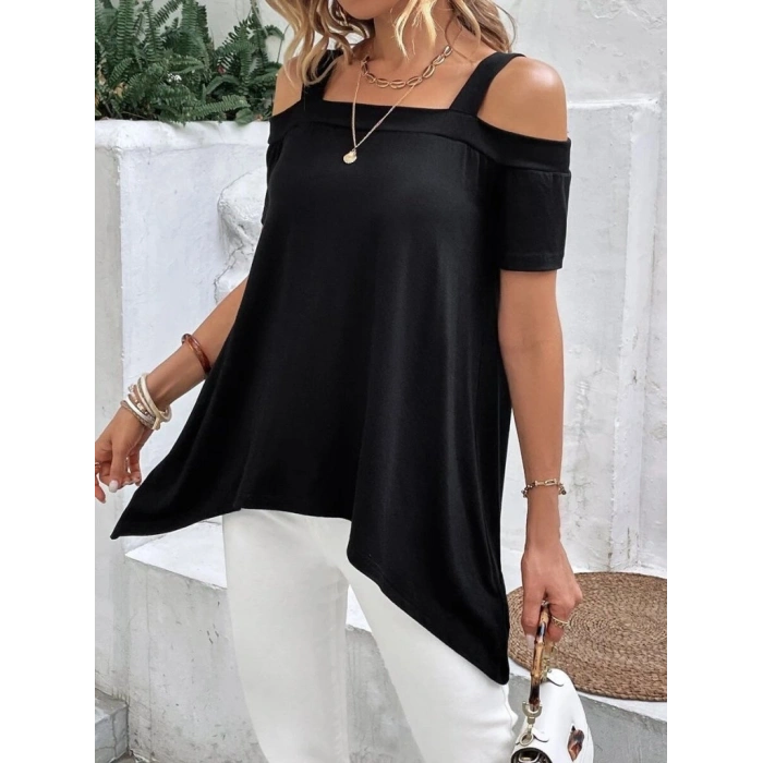 MARSiLYAN- Kadın Kısa Kollu Omuzlardan Açık Askılı Asimetrik Kesim Viskon Bluz