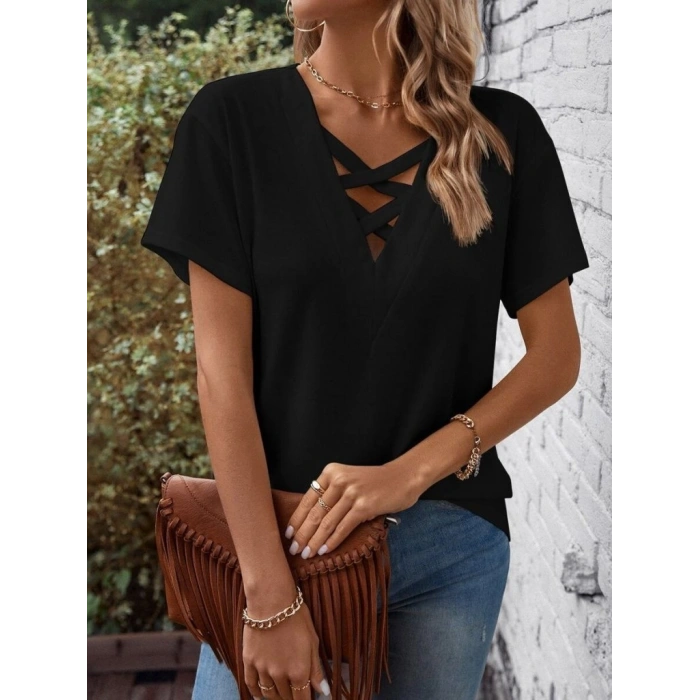 MARSiLYAN- Kadın Kısa Kollu önden çapraz Detay V Yakalı Viskon Bluz