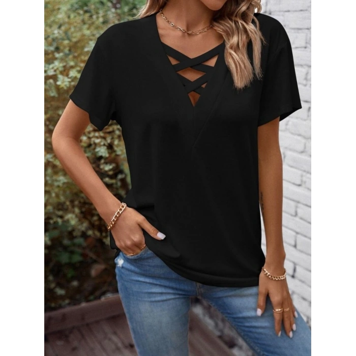 MARSiLYAN- Kadın Kısa Kollu önden çapraz Detay V Yakalı Viskon Bluz