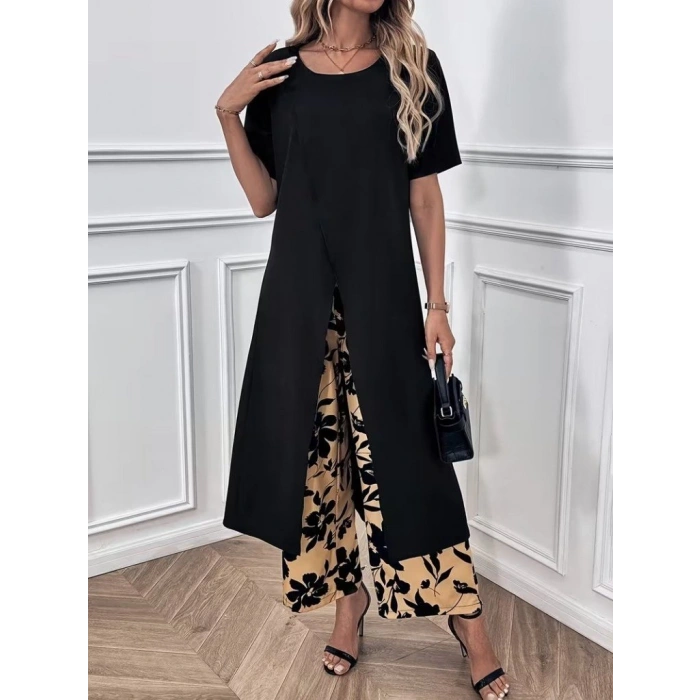 MARSiLYAN- Kadın Kısa Kollu önden çapraz Detaylı Viskon Uzun Bluz Ve Desenli Iki Iplik Pantolon Ikili Takım