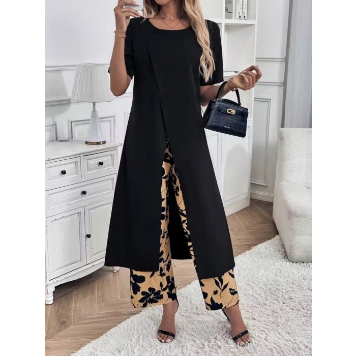 MARSiLYAN- Kadın Kısa Kollu önden çapraz Detaylı Viskon Uzun Bluz Ve Desenli Iki Iplik Pantolon Ikili Takım