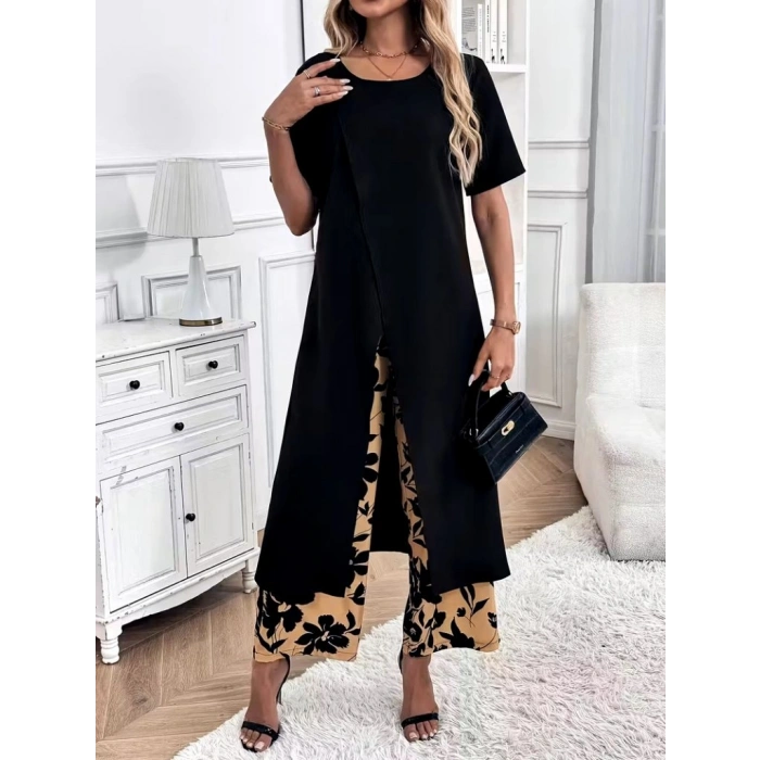 MARSiLYAN- Kadın Kısa Kollu önden çapraz Detaylı Viskon Uzun Bluz Ve Desenli Iki Iplik Pantolon Ikili Takım