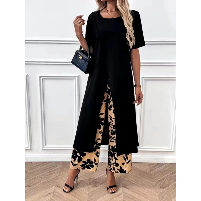 MARSiLYAN- Kadın Kısa Kollu önden çapraz Detaylı Viskon Uzun Bluz Ve Desenli Iki Iplik Pantolon Ikili Takım