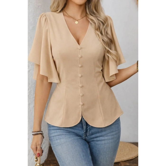 MARSiLYAN- Kadın Kısa Kollu önden Düğmeli Ithal Krep Bluz