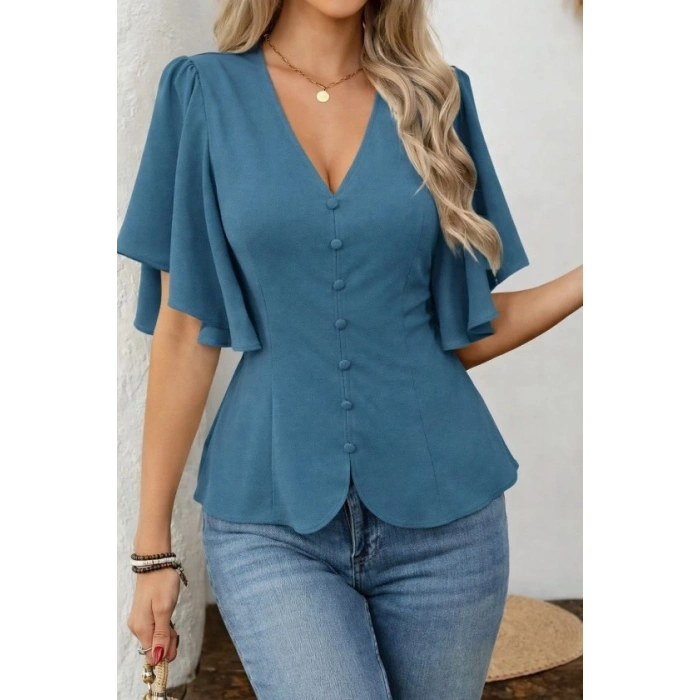 MARSiLYAN- Kadın Kısa Kollu önden Düğmeli Ithal Krep Bluz