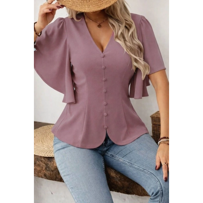 MARSiLYAN- Kadın Kısa Kollu önden Düğmeli Ithal Krep Bluz