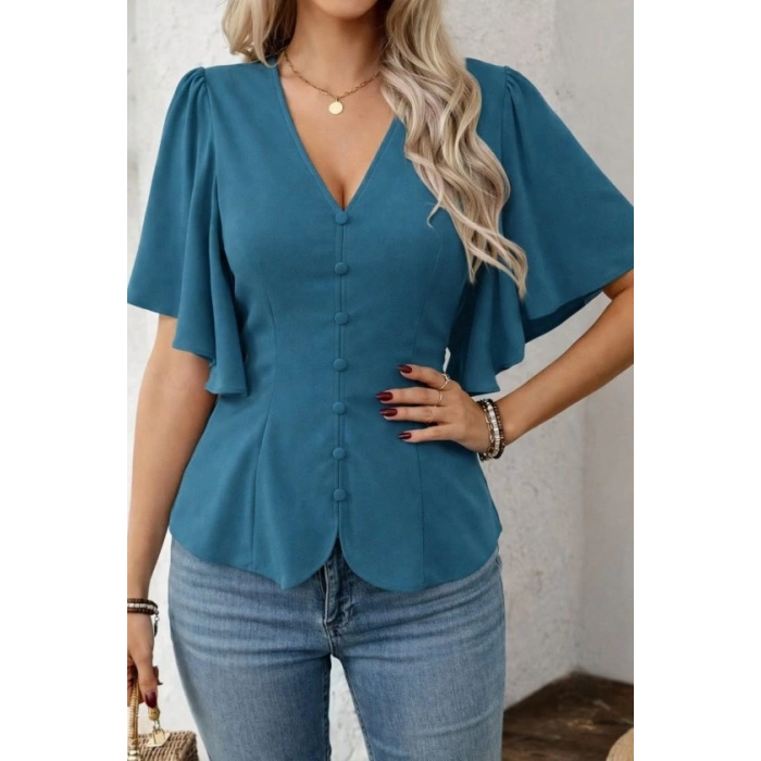 MARSiLYAN- Kadın Kısa Kollu önden Düğmeli Ithal Krep Bluz