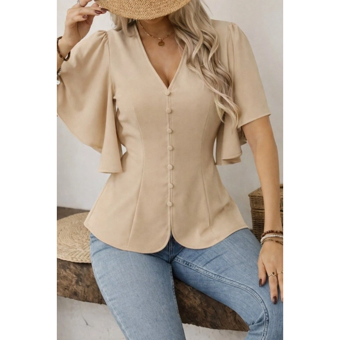 MARSiLYAN- Kadın Kısa Kollu önden Düğmeli Ithal Krep Bluz