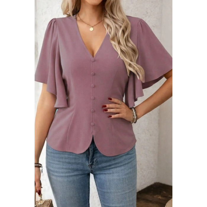 MARSiLYAN- Kadın Kısa Kollu önden Düğmeli Ithal Krep Bluz