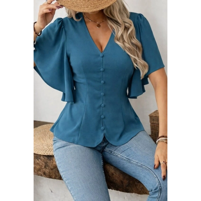 MARSiLYAN- Kadın Kısa Kollu önden Düğmeli Ithal Krep Bluz