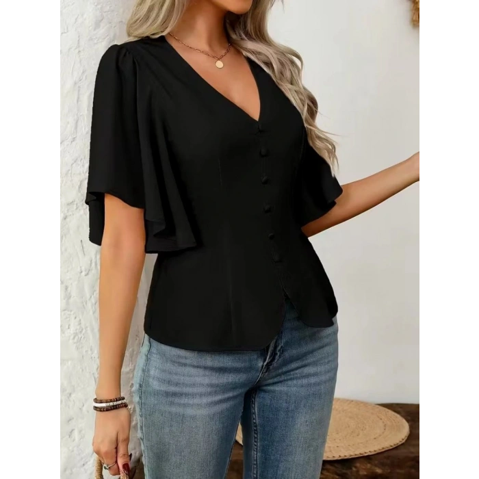 MARSiLYAN- Kadın Kısa Kollu önden Düğmeli Ithal Krep Bluz