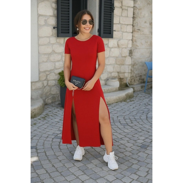 MARSiLYAN- Kadın Kısa Kollu Sırt Dekolteli Yırtmaç Detaylı Viskon Elbise