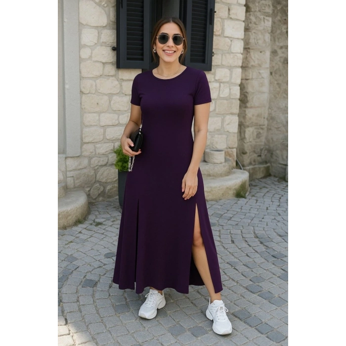 MARSiLYAN- Kadın Kısa Kollu Sırt Dekolteli Yırtmaç Detaylı Viskon Elbise