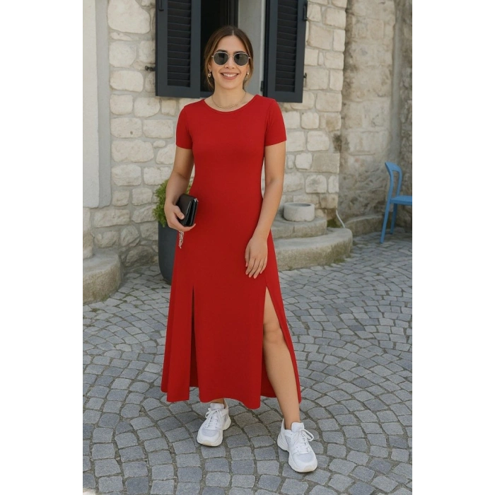 MARSiLYAN- Kadın Kısa Kollu Sırt Dekolteli Yırtmaç Detaylı Viskon Elbise