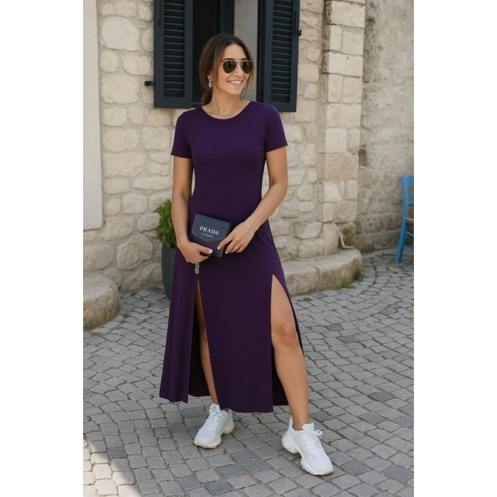 MARSiLYAN- Kadın Kısa Kollu Sırt Dekolteli Yırtmaç Detaylı Viskon Elbise