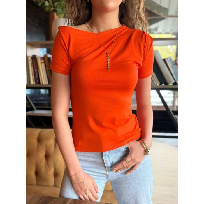 MARSiLYAN- Kadın Kısa Kollu Tek Omuzu Açık Büzgülü Viskon Bluz