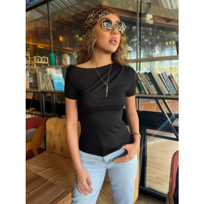 MARSiLYAN- Kadın Kısa Kollu Tek Omuzu Açık Büzgülü Viskon Bluz