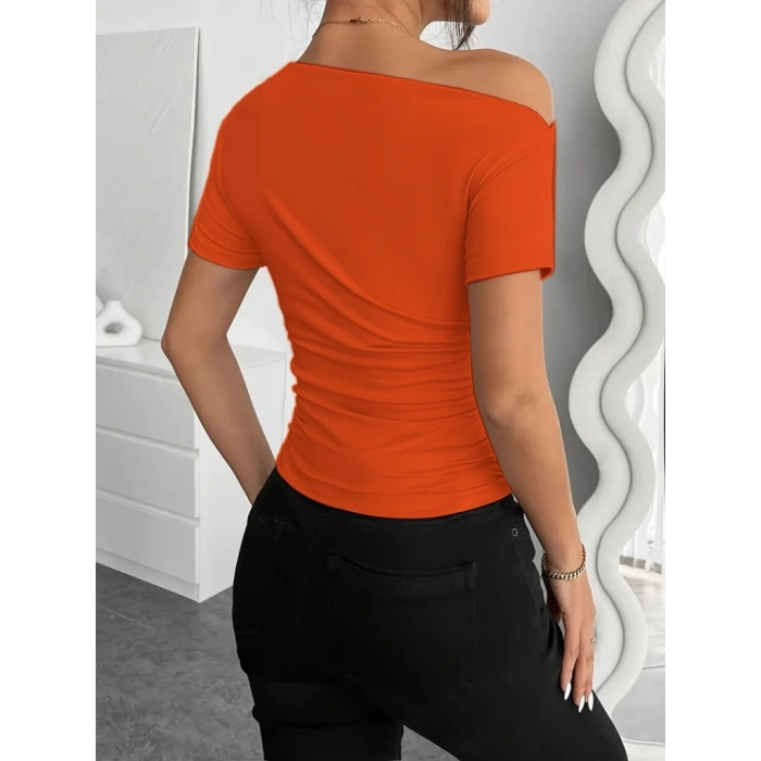 MARSiLYAN- Kadın Kısa Kollu Tek Omuzu Açık Büzgülü Viskon Bluz