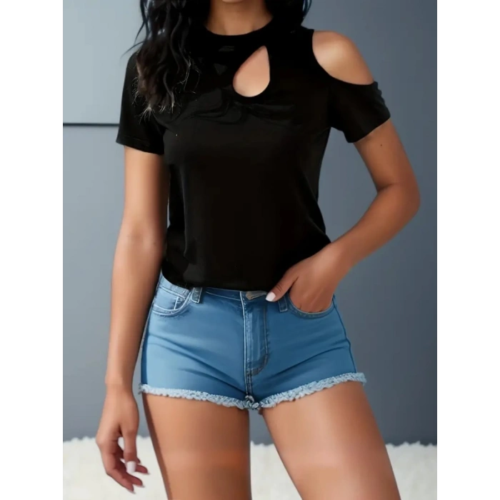 MARSiLYAN- Kadın Kısa Kollu Tek Omuzu Açık Damla Detaylı Viskon Bluz