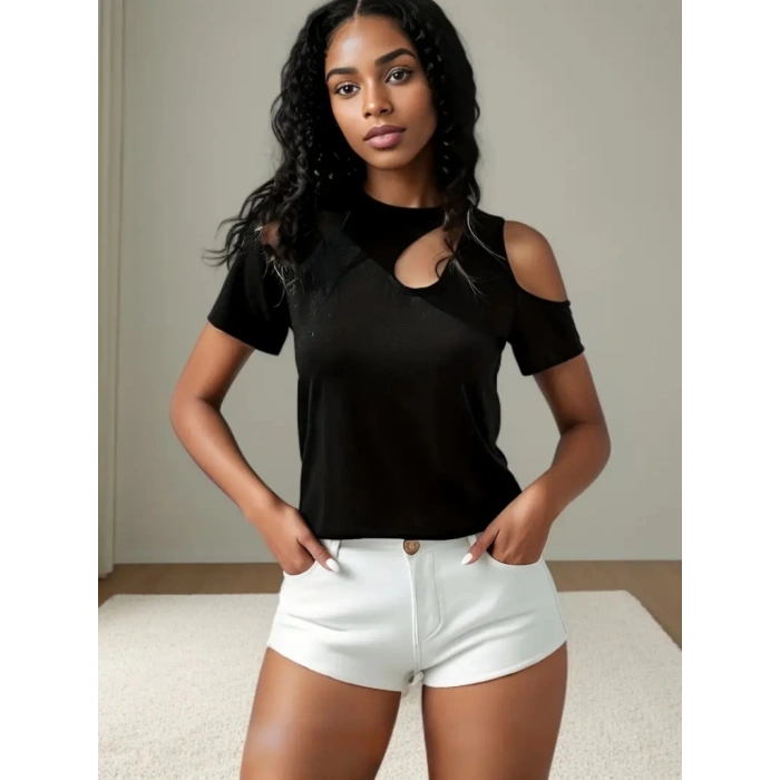 MARSiLYAN- Kadın Kısa Kollu Tek Omuzu Açık Damla Detaylı Viskon Bluz