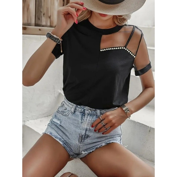 MARSiLYAN- Kadın Kısa Kollu Tül Detaylı Taşlı Janjan Krep Bluz