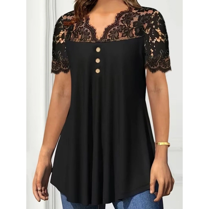 MARSiLYAN- Kadın Kısa Kollu V Dantel Yakalı Düğmeli Viskon Bluz