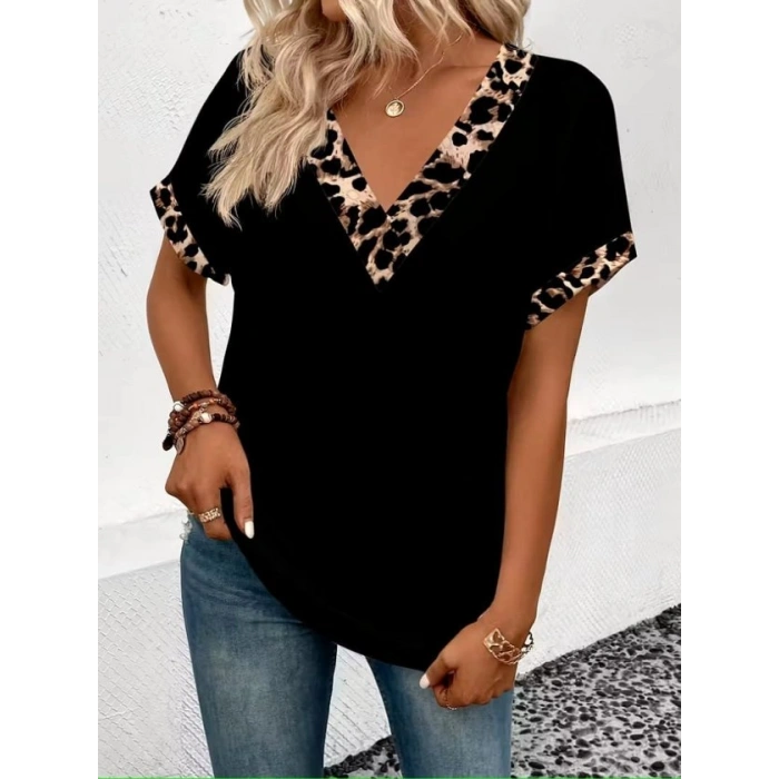 MARSiLYAN- Kadın Kısa Kollu V Leopar Yakalı Viskon Bluz