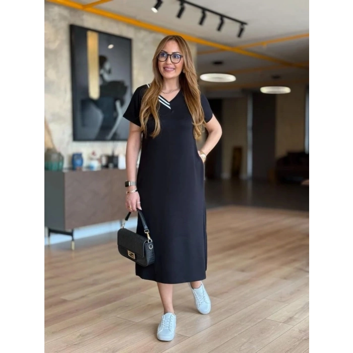 MARSiLYAN- Kadın Kısa Kollu V Ribana Yakalı Yırtmaçlı Midi Viskon Iki Iplik Elbise