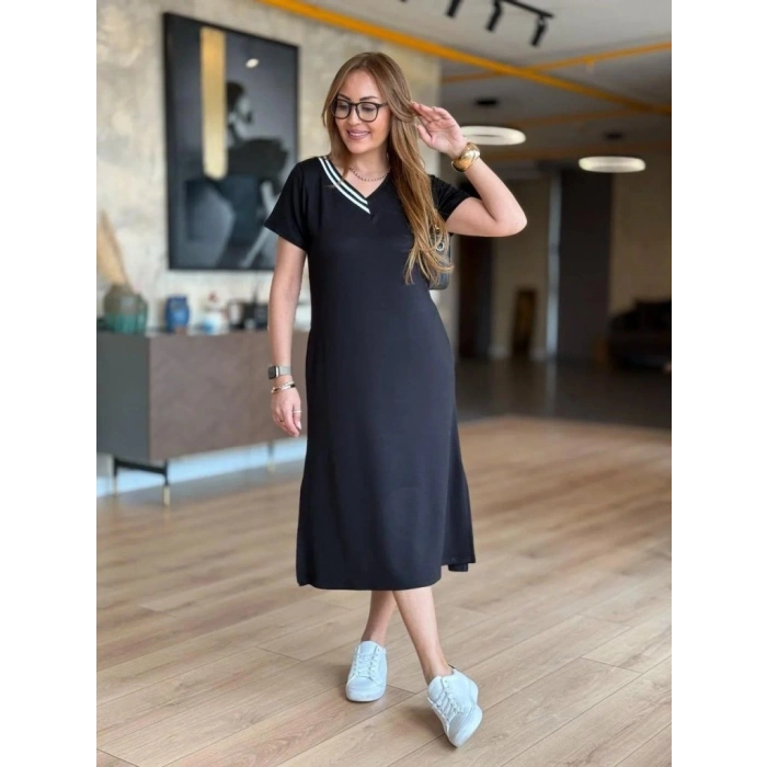 MARSiLYAN- Kadın Kısa Kollu V Ribana Yakalı Yırtmaçlı Midi Viskon Iki Iplik Elbise