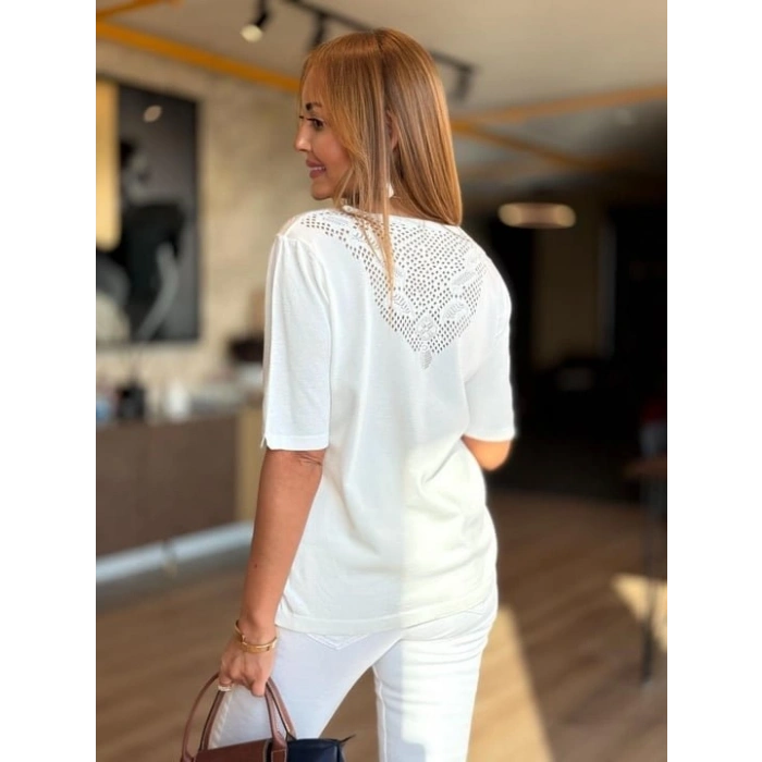 MARSiLYAN- Kadın Kısa Kollu V Yaka Ajurlu Triko BluZ