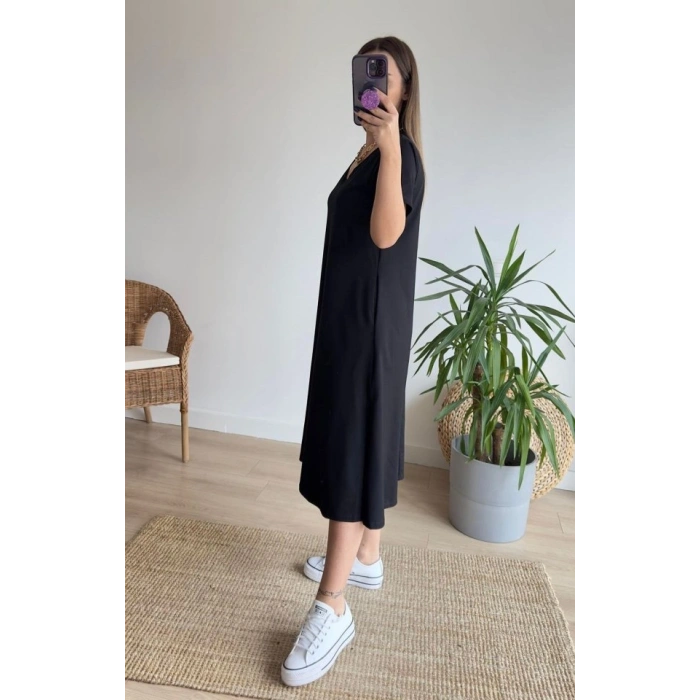 MARSiLYAN- Kadın Kısa Kollu V Yaka Cepli A Kesim Detaylı Viskon Elbise