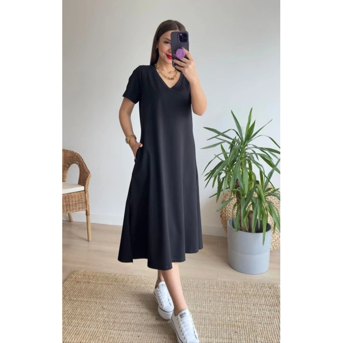 MARSiLYAN- Kadın Kısa Kollu V Yaka Cepli A Kesim Detaylı Viskon Elbise