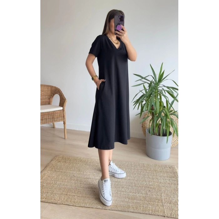 MARSiLYAN- Kadın Kısa Kollu V Yaka Cepli A Kesim Detaylı Viskon Elbise