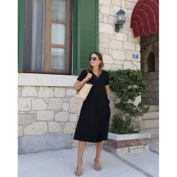 MARSiLYAN- Kadın Kısa Kollu V Yaka Cepli Viskon Elbise