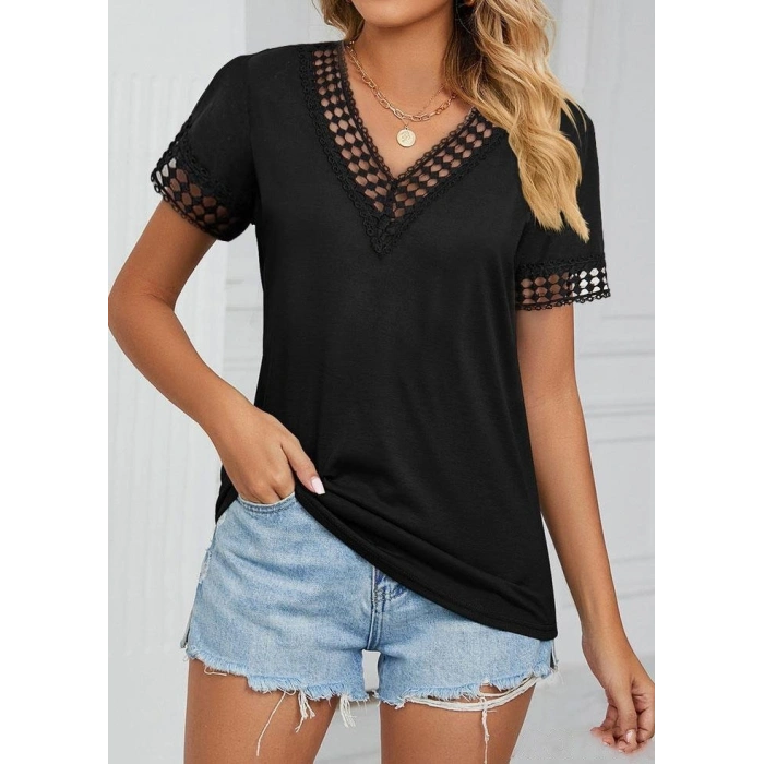 MARSiLYAN- Kadın Kısa Kollu V Yaka Dantel Yakalı Viskon Bluz