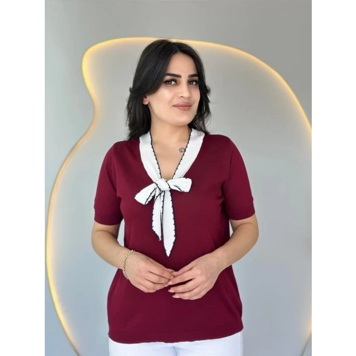 MARSiLYAN- Kadın Kısa Kollu V Yaka Fular Detay Merserize Triko Bbluz