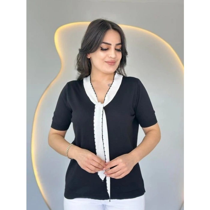 MARSiLYAN- Kadın Kısa Kollu V Yaka Fular Detay Merserize Triko Bbluz