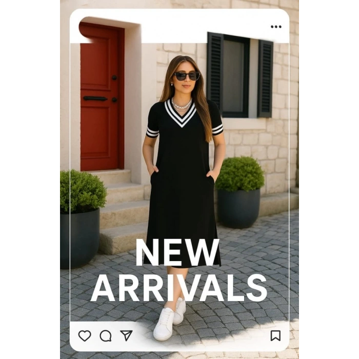 MARSiLYAN- Kadın Kısa Kollu V Yaka Kol Ve Yaka Ribana Detay Midi Boy Viskon Elbise