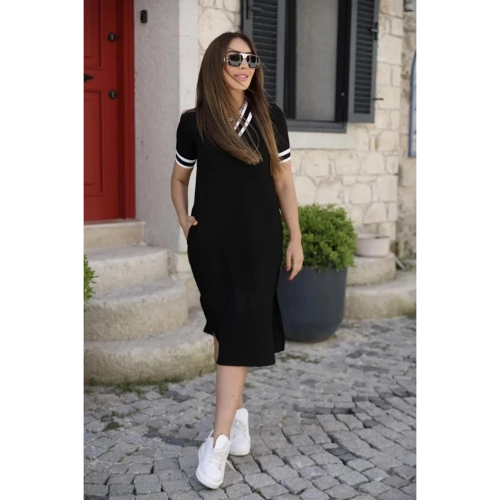 MARSiLYAN- Kadın Kısa Kollu V Yaka Kol Ve Yaka Ribana Detay Midi Boy Viskon Elbise