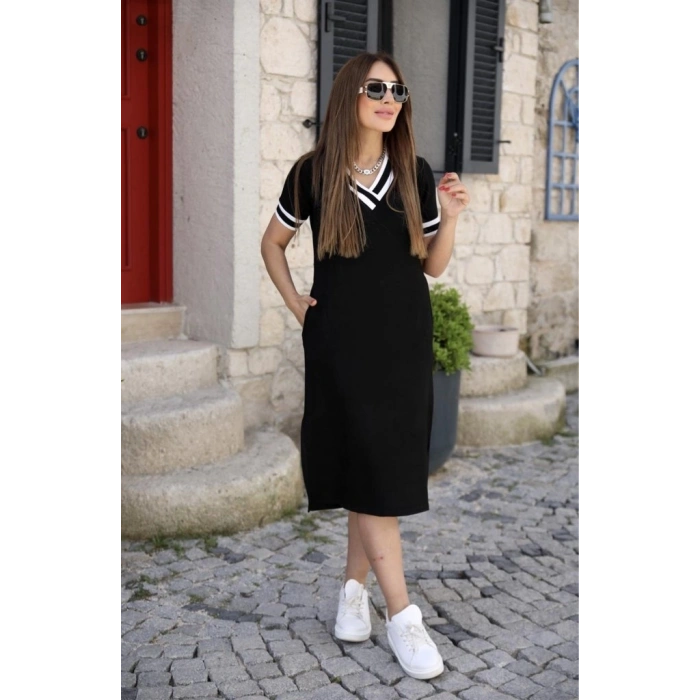 MARSiLYAN- Kadın Kısa Kollu V Yaka Kol Ve Yaka Ribana Detay Midi Boy Viskon Elbise